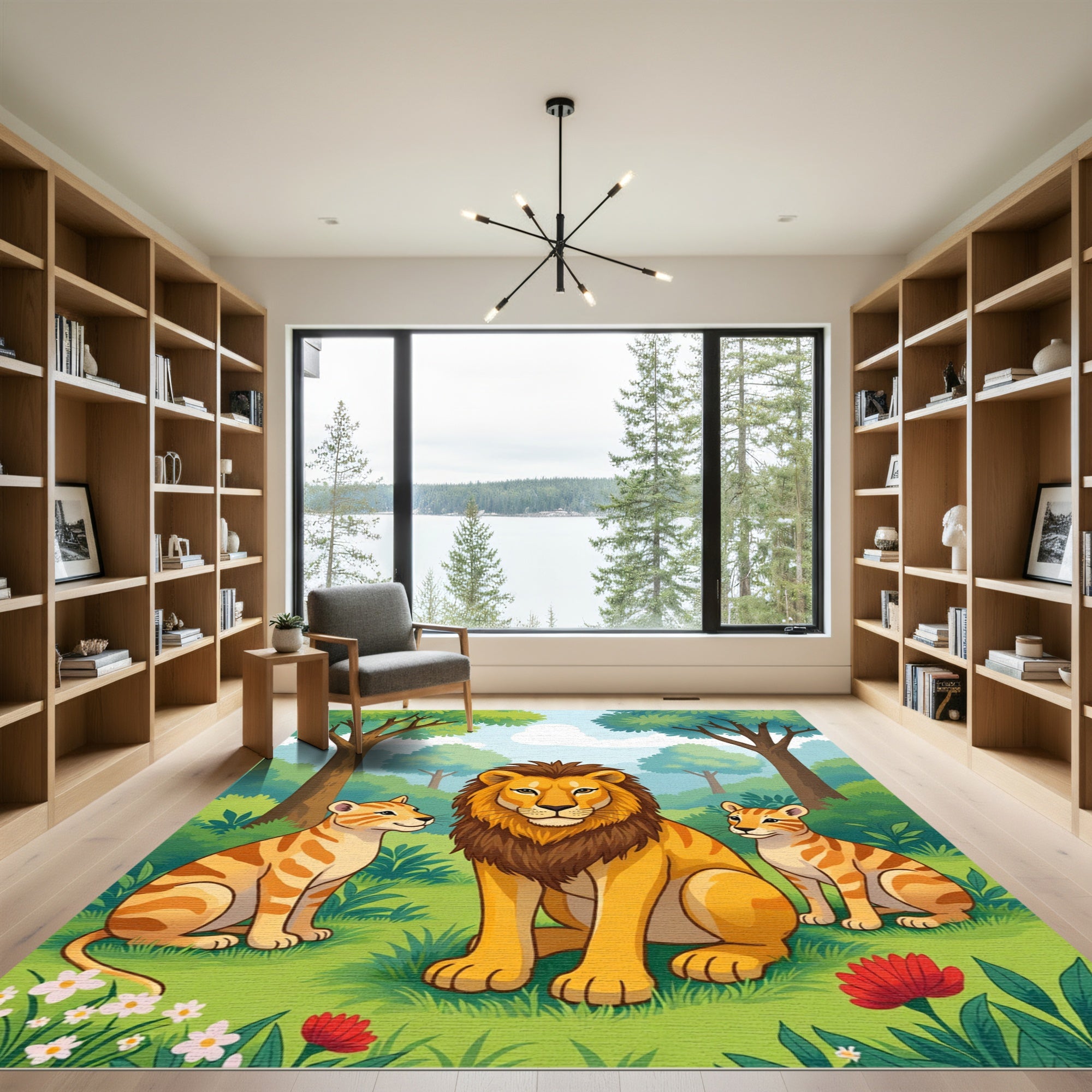 Golden Lion Family Jungle Scene Rug