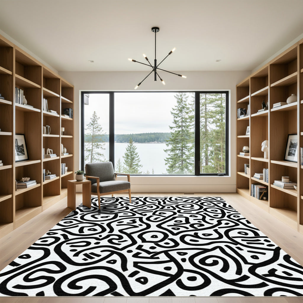 Black White Abstract Organic Lines Rug