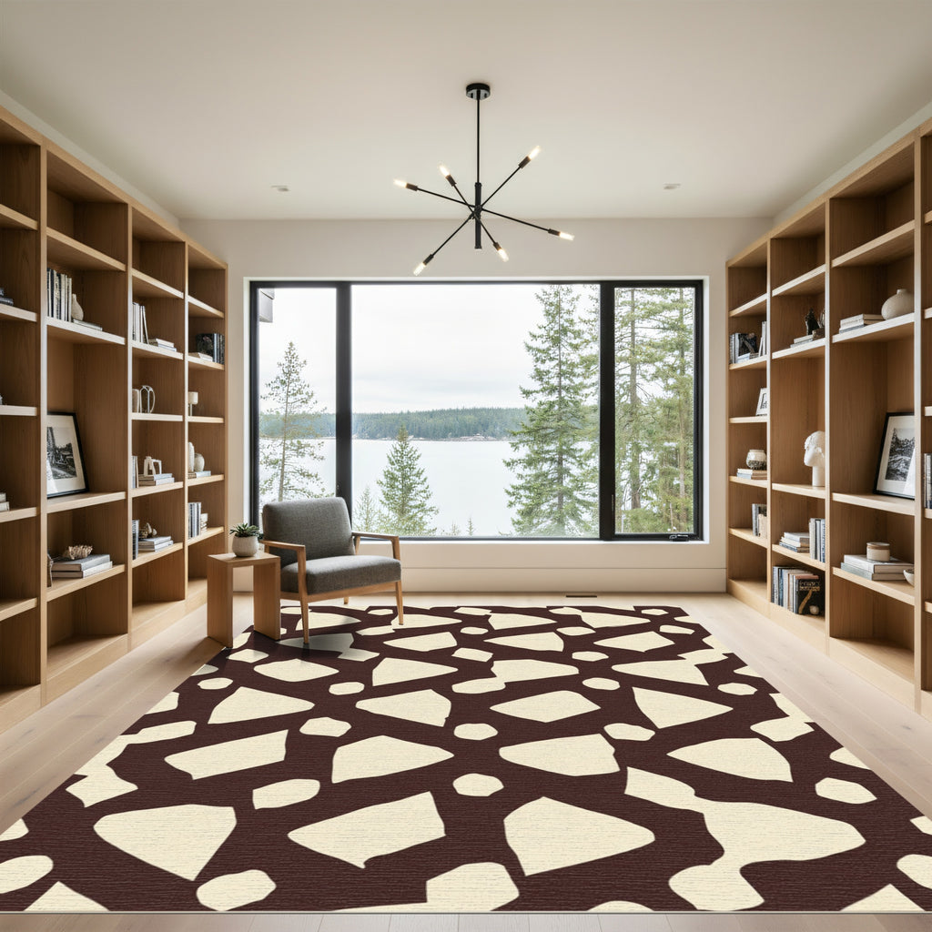 Chic Cream Shapes Dark Brown Background Rug