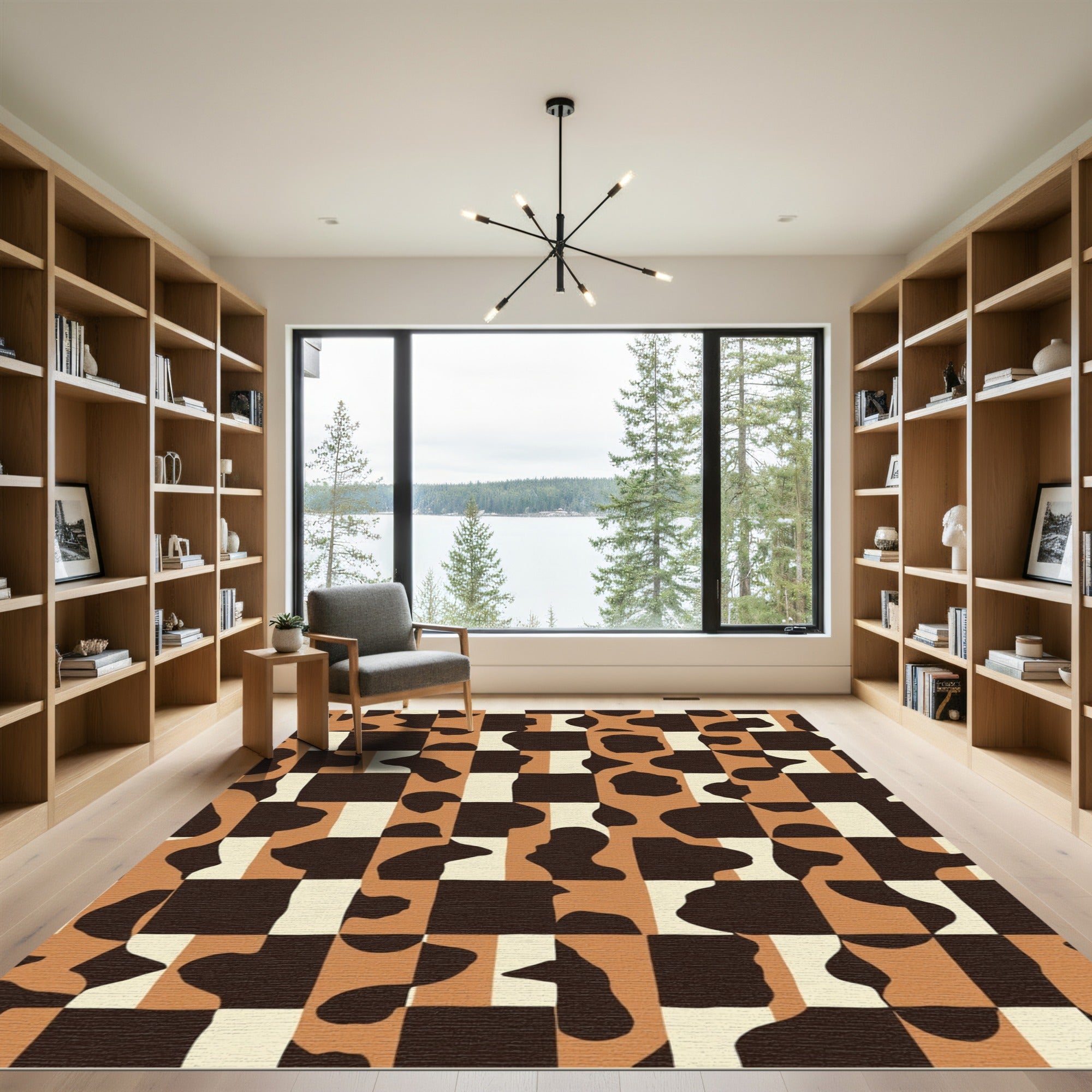 Brown Cream Abstract Organic Squares Rug