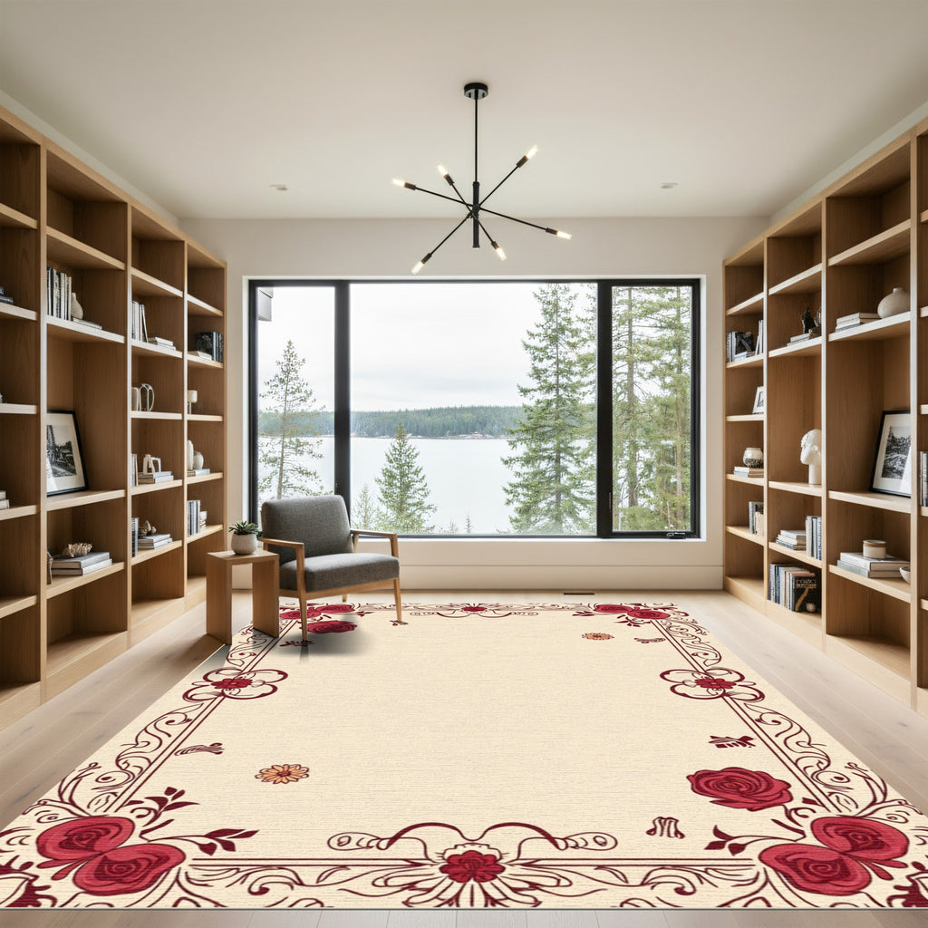 Crimson Red Floral Vine Border Rug