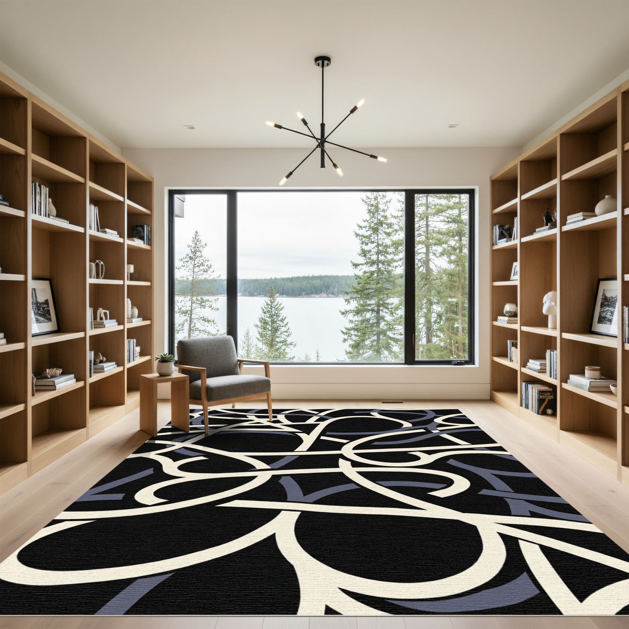 Modern Black Cream Gray Ribbon Loop Rug