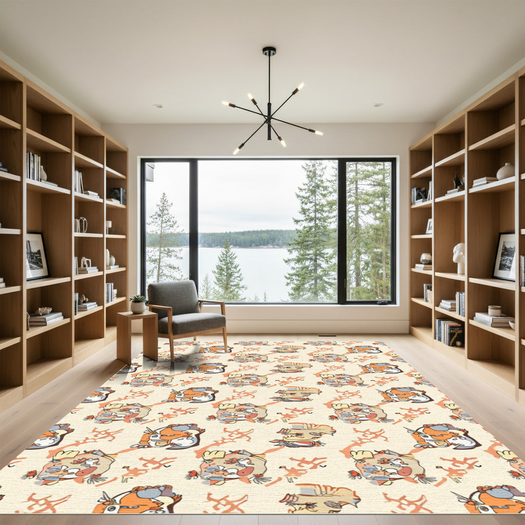 Whimsical Orange White Character Collage Rug