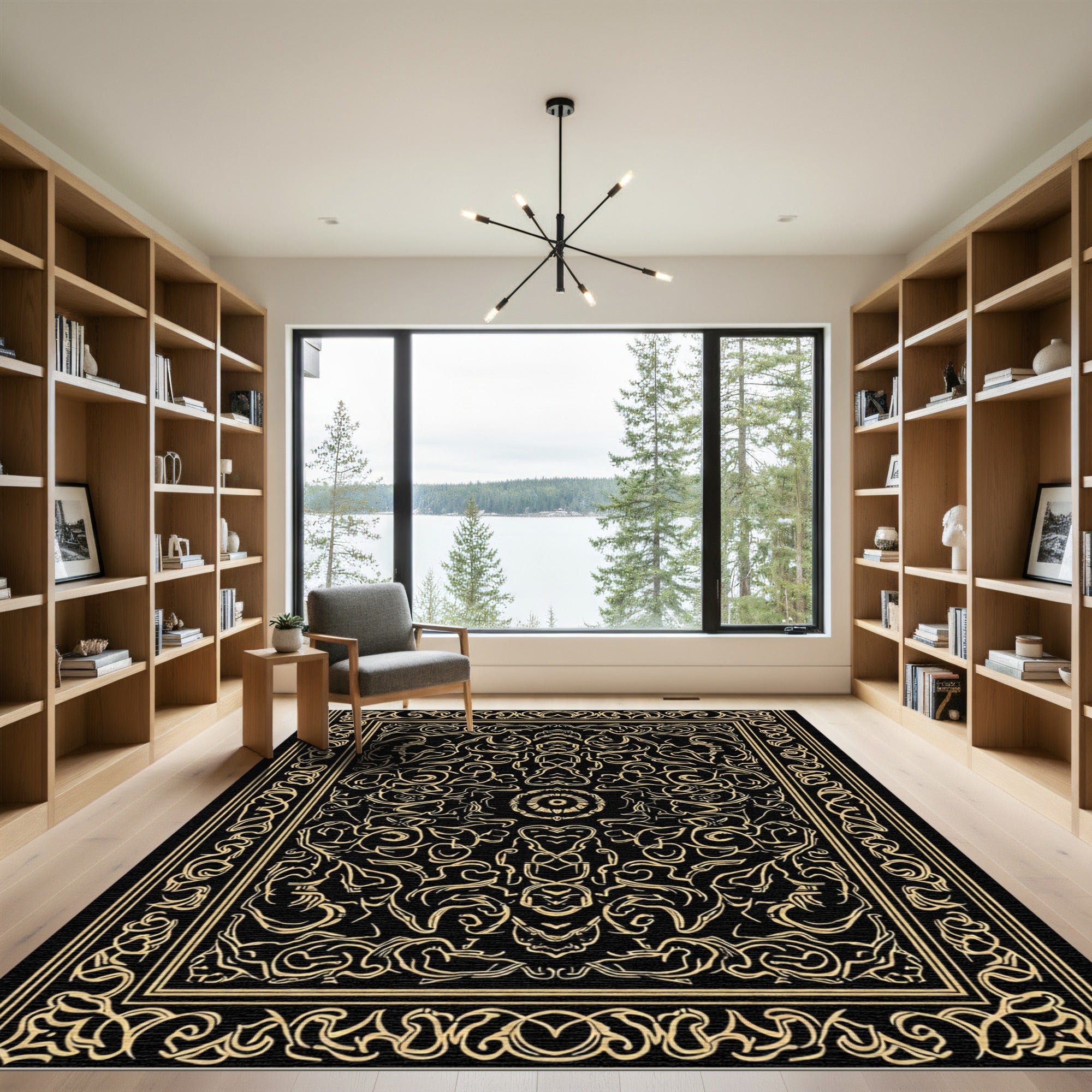 Black Golden Intricate Scrollwork Medallion Rug