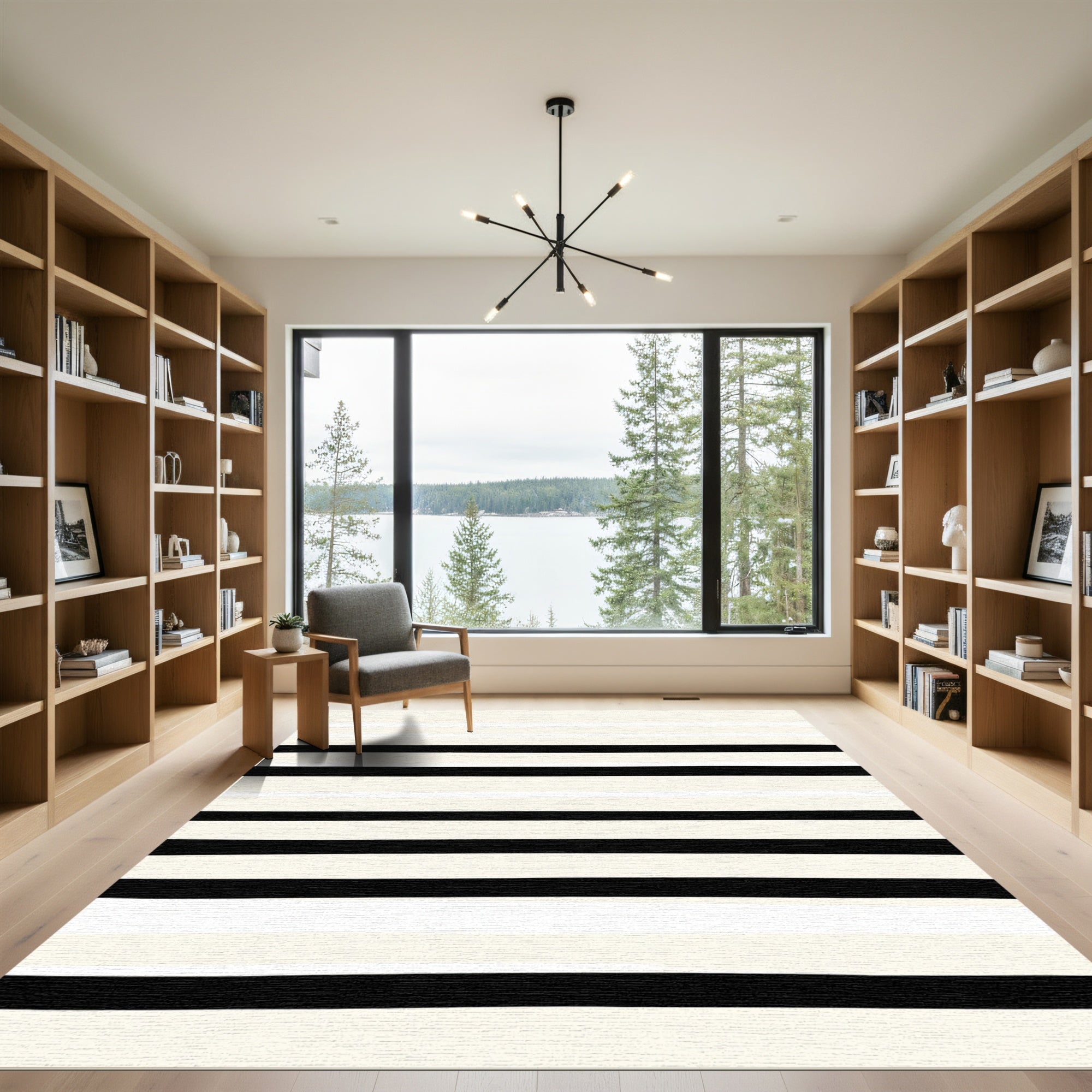Cream And Black Wide Stripe Rug