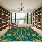 Ornate Gold Floral Scrollwork Emerald Rug