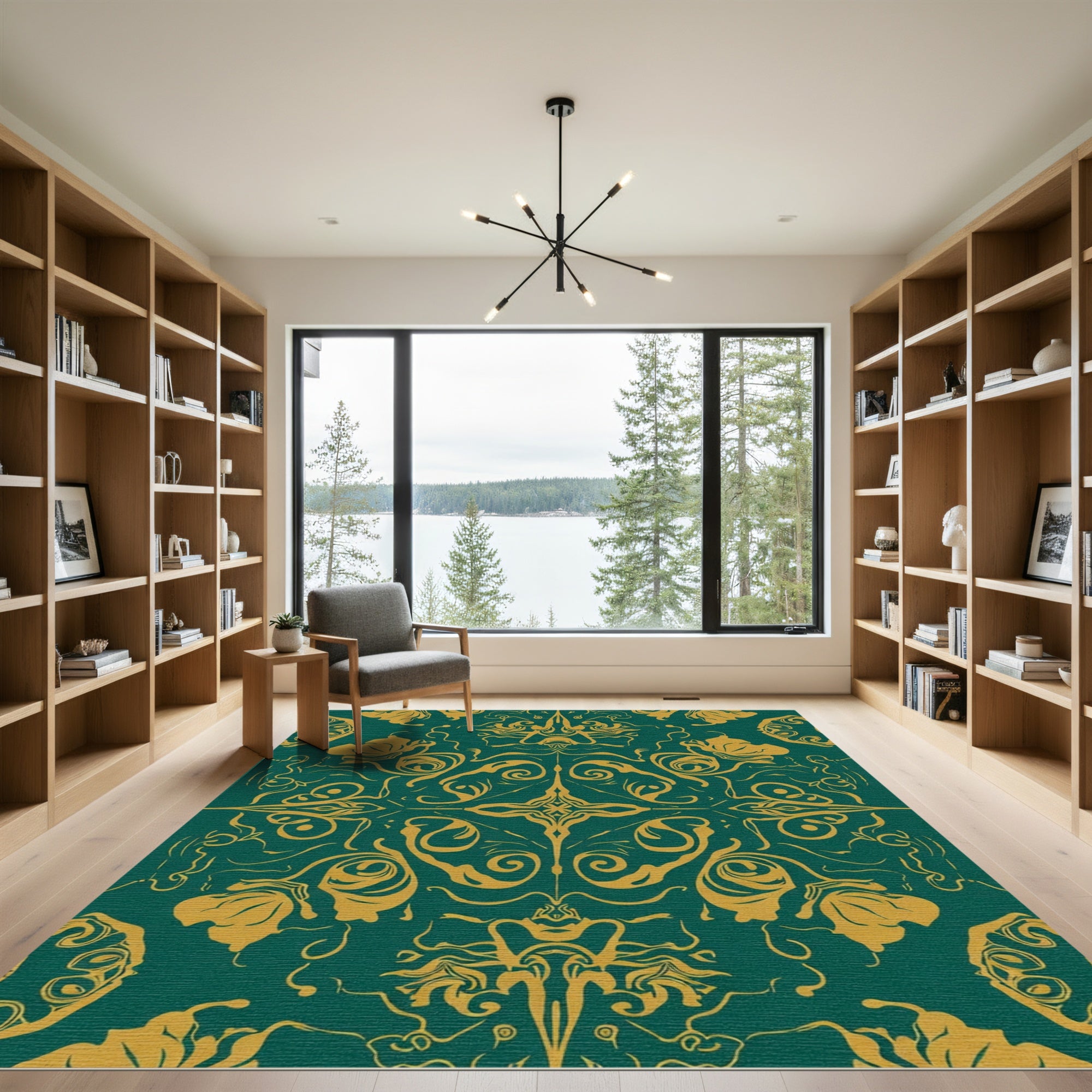 Ornate Gold Floral Scrollwork Emerald Rug
