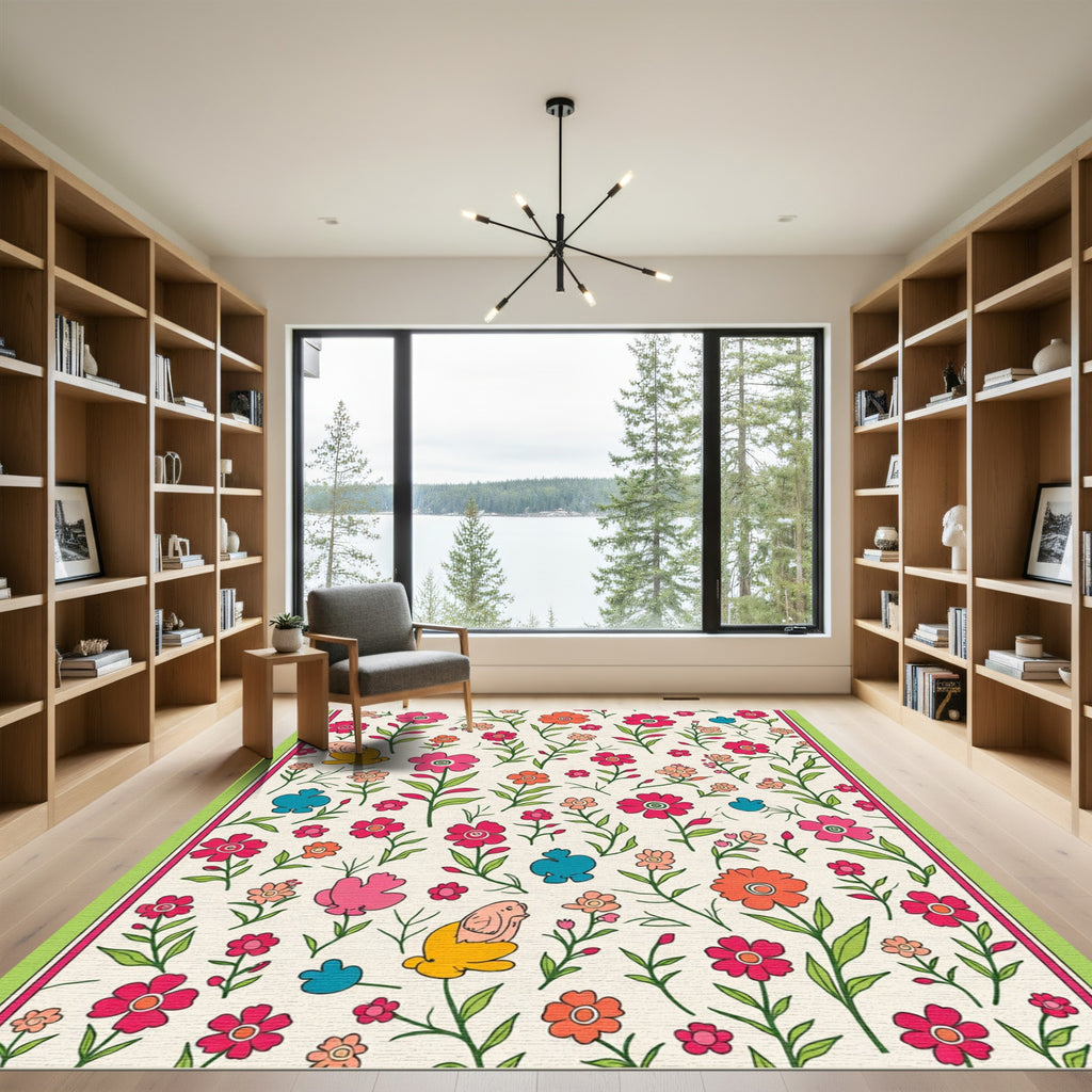 Whimsical Pink Floral Bird Garden Rug