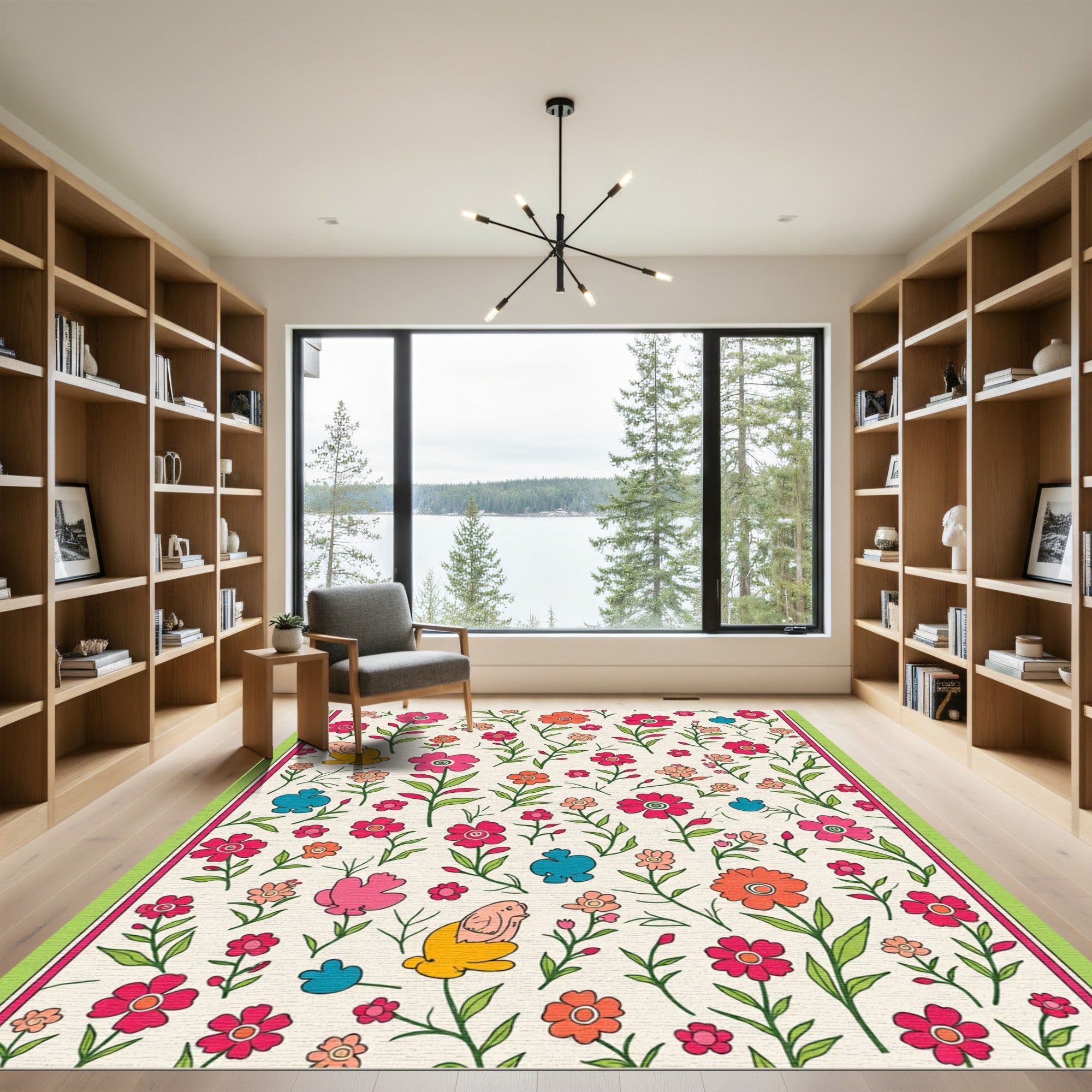 Whimsical Pink Floral Bird Garden Rug