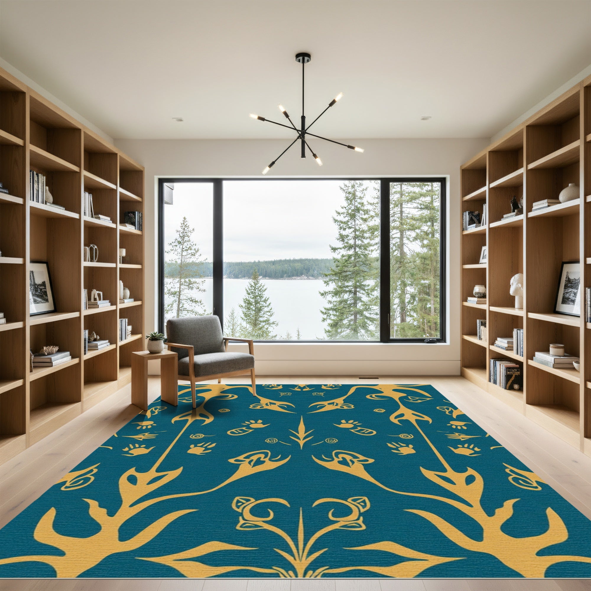Golden Turquoise Abstract Organic Forms Rug