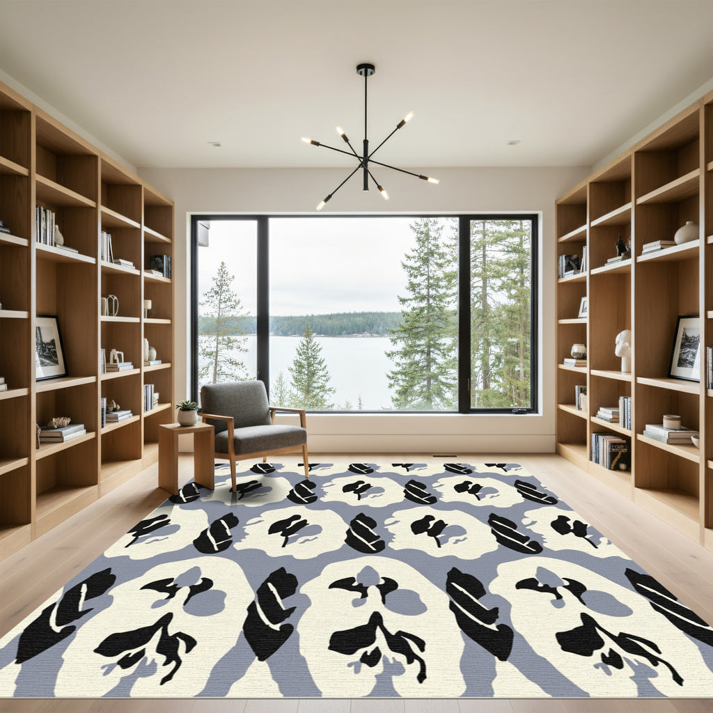 Modern Black Ivory Organic Leaf Repeat Rug