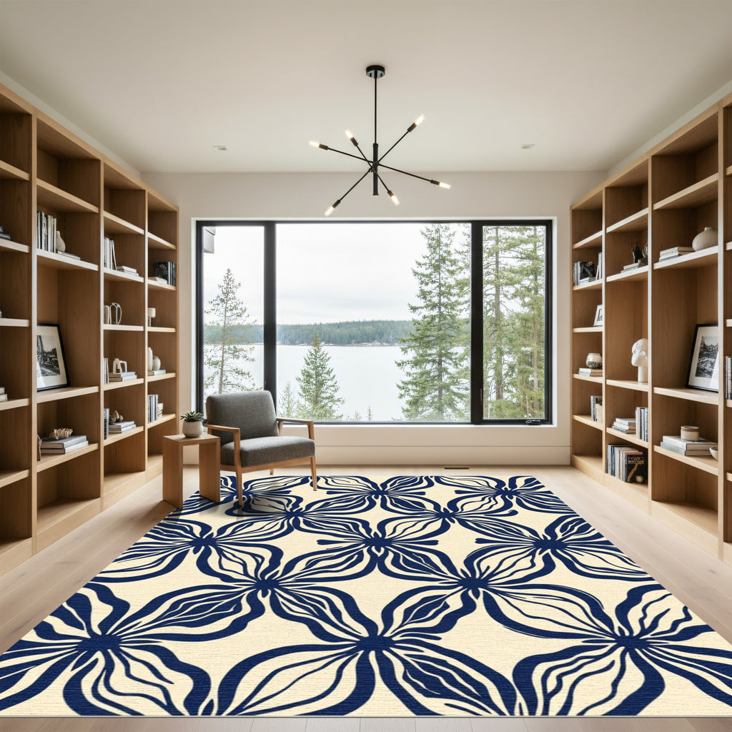 Navy Cream Abstract Blossom Arrangement Rug