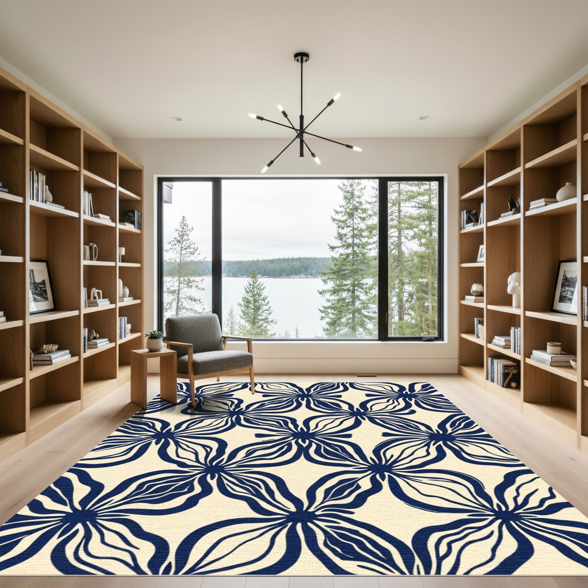 Navy Cream Abstract Blossom Arrangement Rug