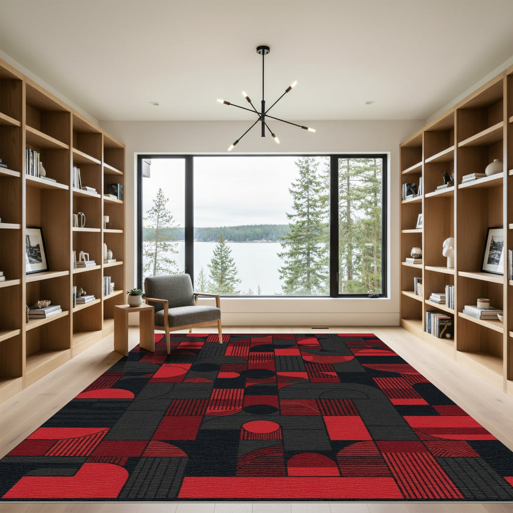 Bold Red Geometric Blocks Rug