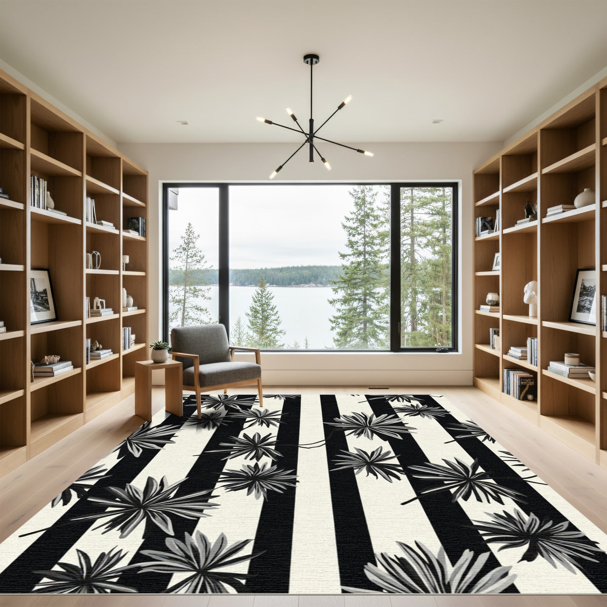 Monochrome Palm Frond Vertical Stripe Rug