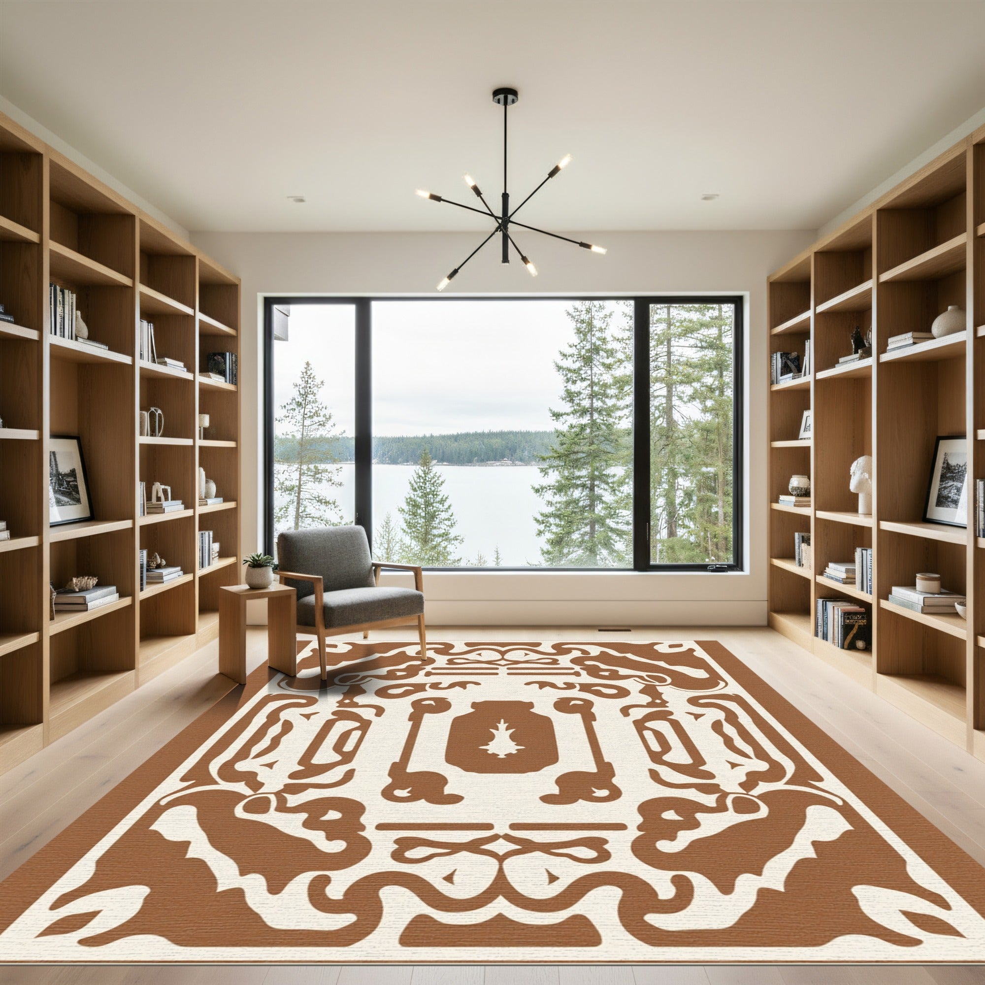 Brown Ivory Abstract Rhythmic Scroll Rug