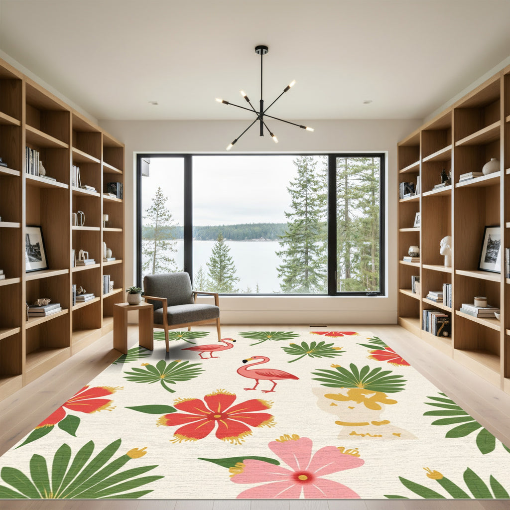 Pink Flamingos With Red Tropical Flowers Rug