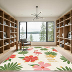 Pink Flamingos With Red Tropical Flowers Rug