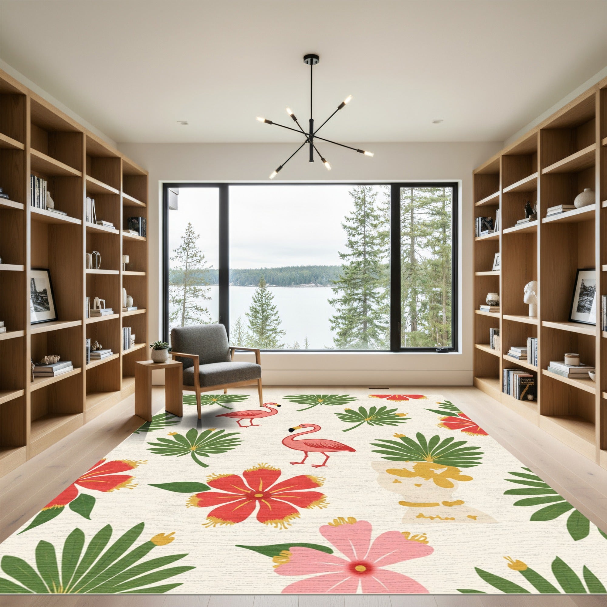 Pink Flamingos With Red Tropical Flowers Rug