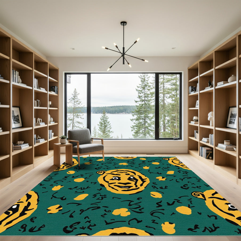 Bold Tiger Face Emerald Green Pattern Rug