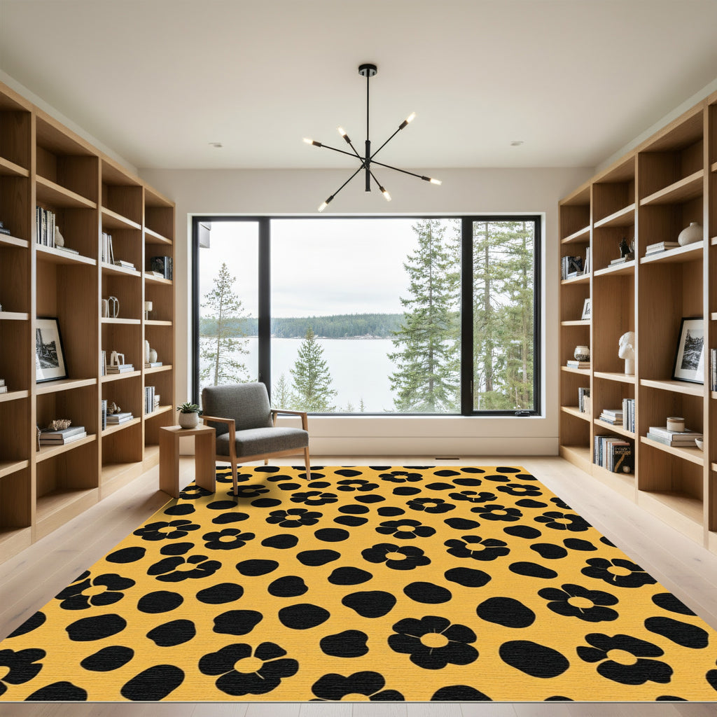 Black Floral Ochre Dot Spot Rug
