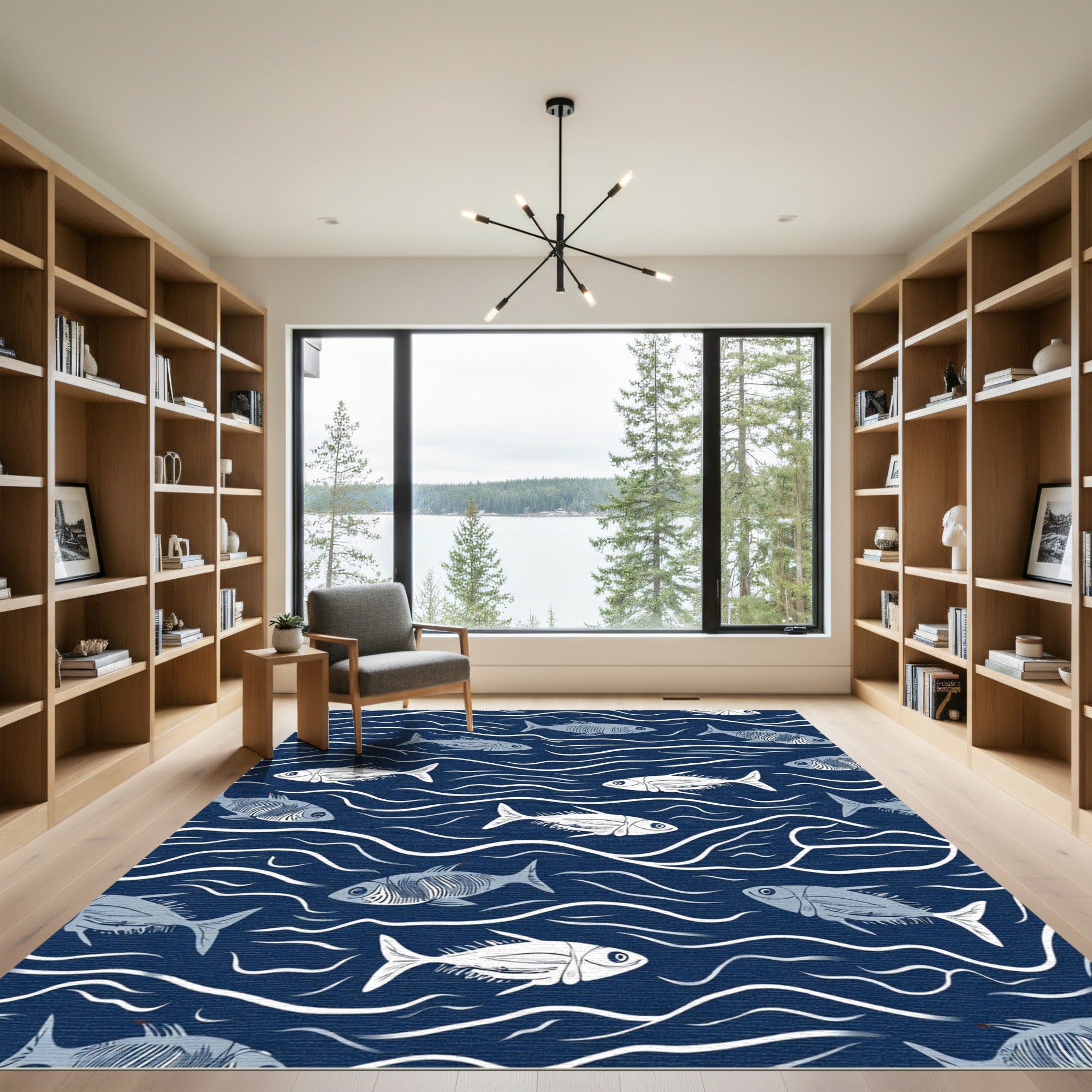Marine Blue Fish School Waves Rug