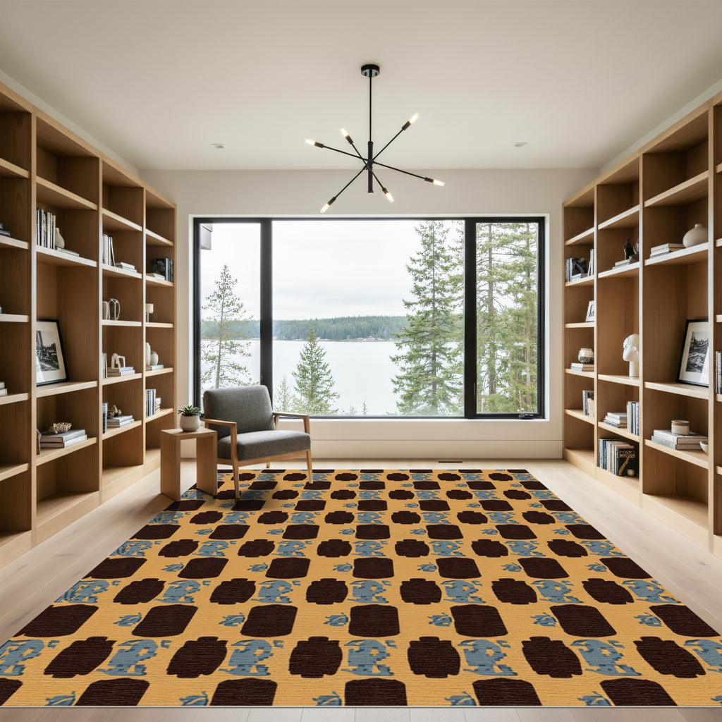 Brown Blue Pixelated Robot Grid Rug