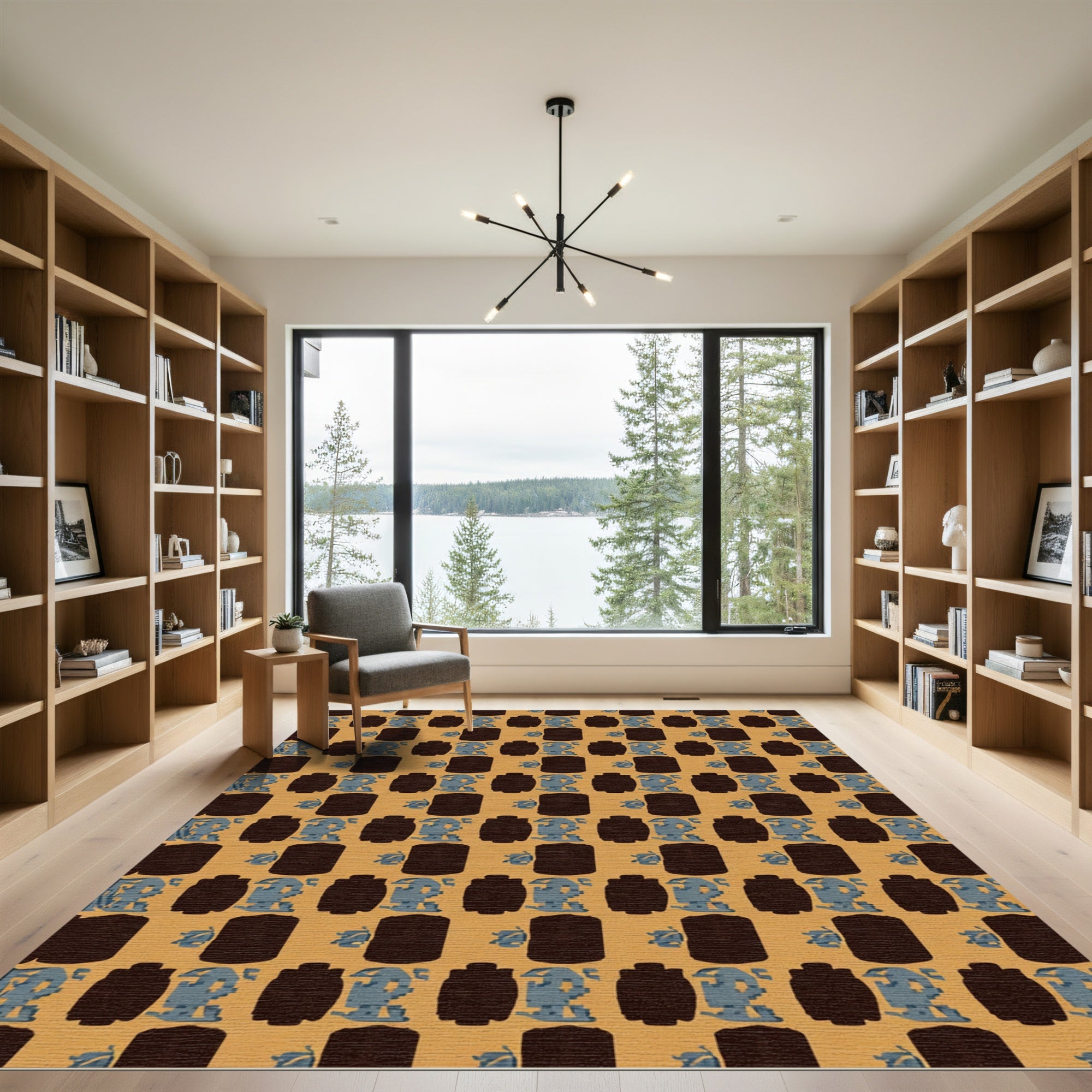 Brown Blue Pixelated Robot Grid Rug