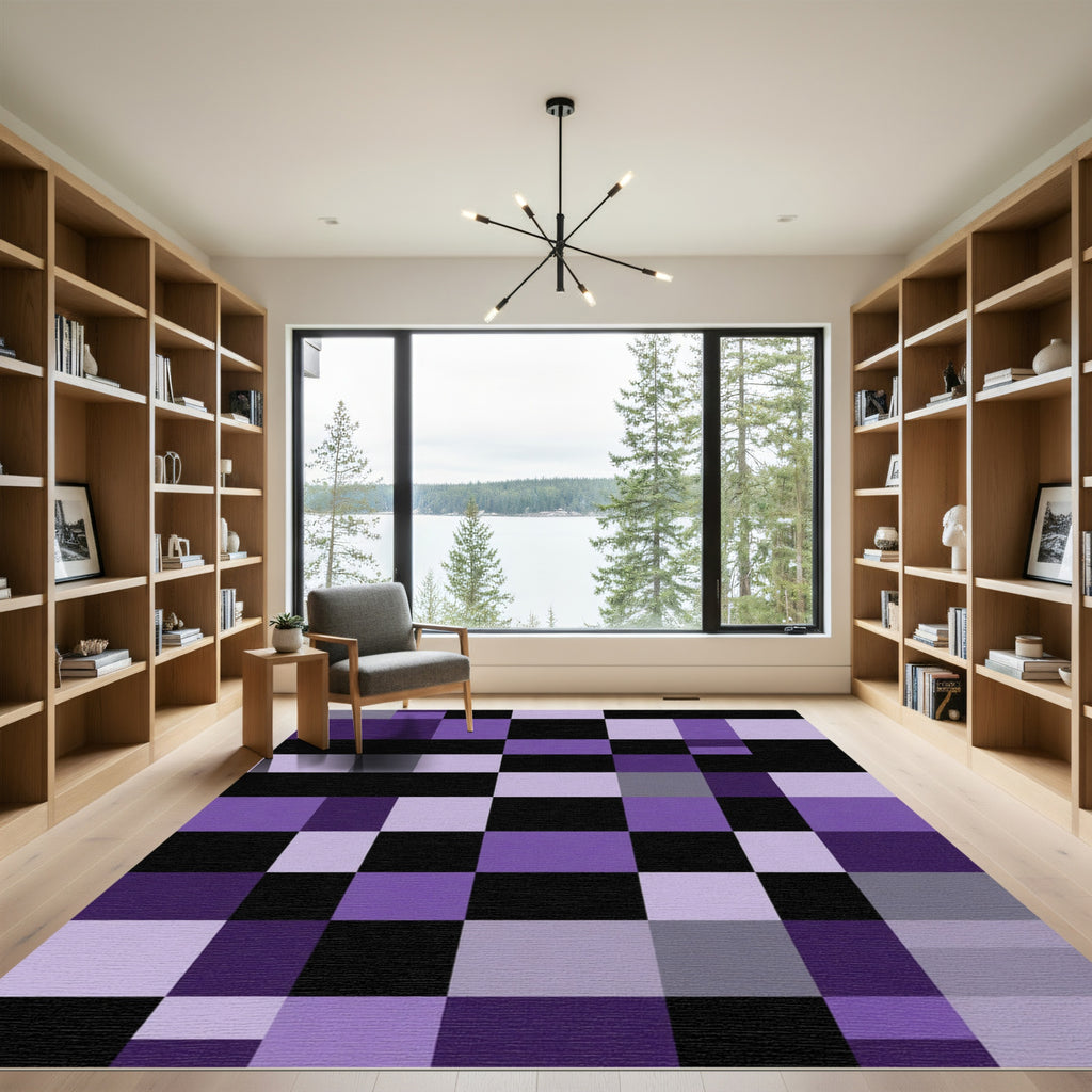 Geometric Checkerboard Purple Gray Rug