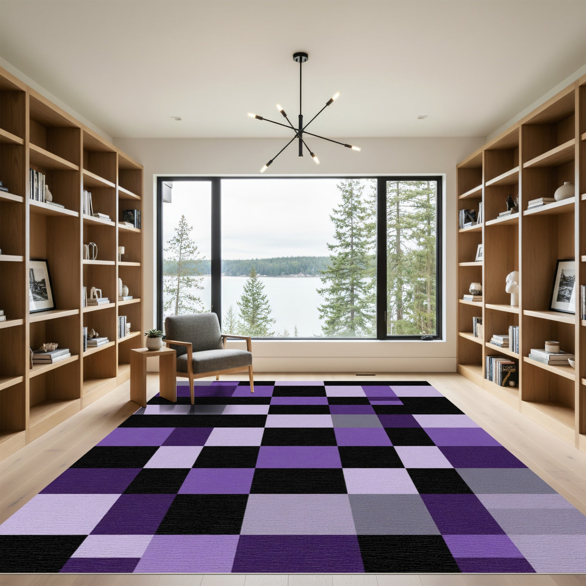 Geometric Checkerboard Purple Gray Rug