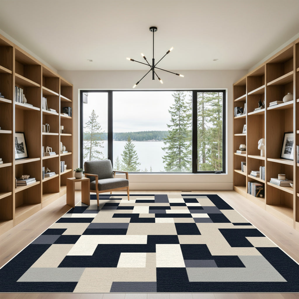 Geometric Abstract Navy Cream Mosaic Rug