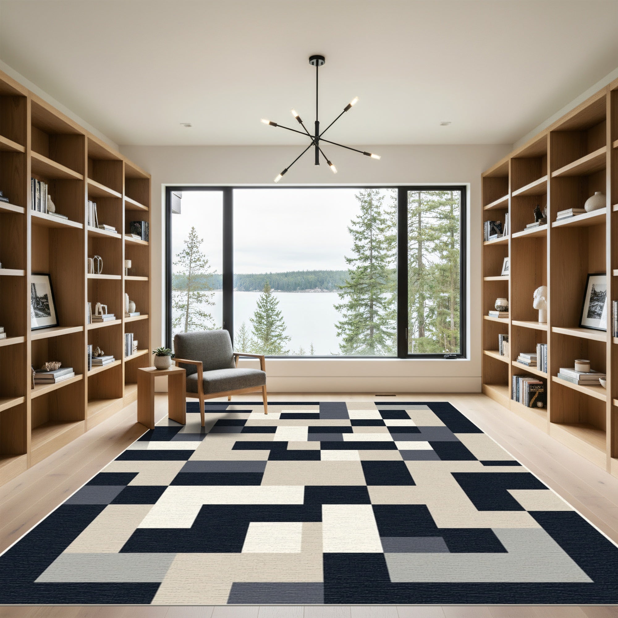 Geometric Abstract Navy Cream Mosaic Rug