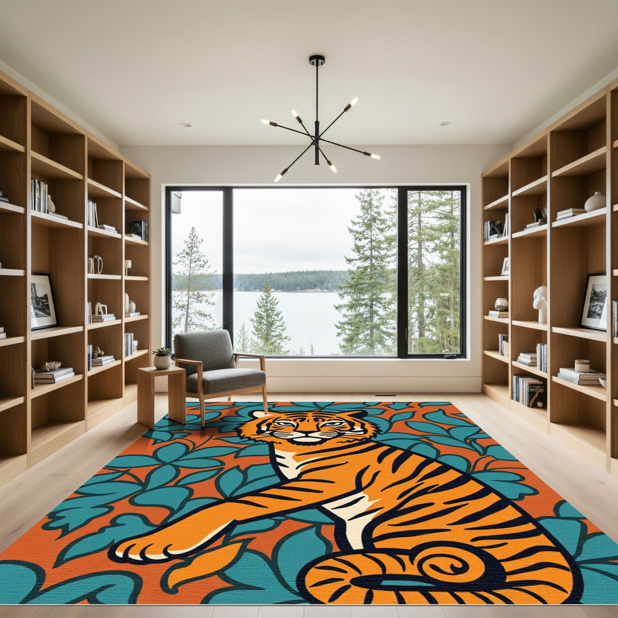 Bold Orange Tiger Floral Botanical Rug