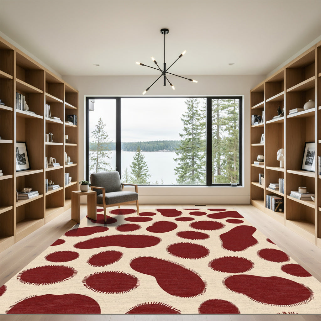 Crimson Blotches Creamy Organic Forms Rug