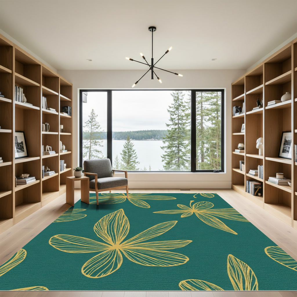 Golden Outline Leaf Teal Background Rug