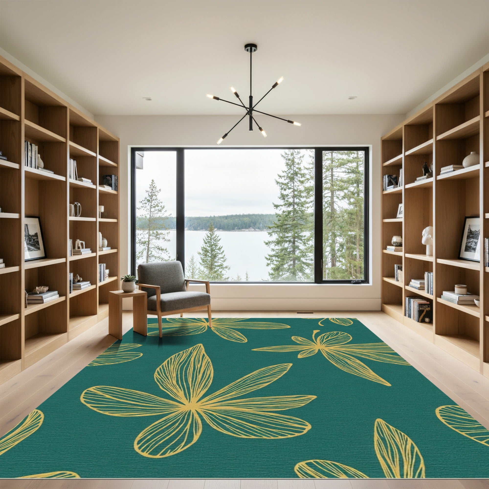 Golden Outline Leaf Teal Background Rug
