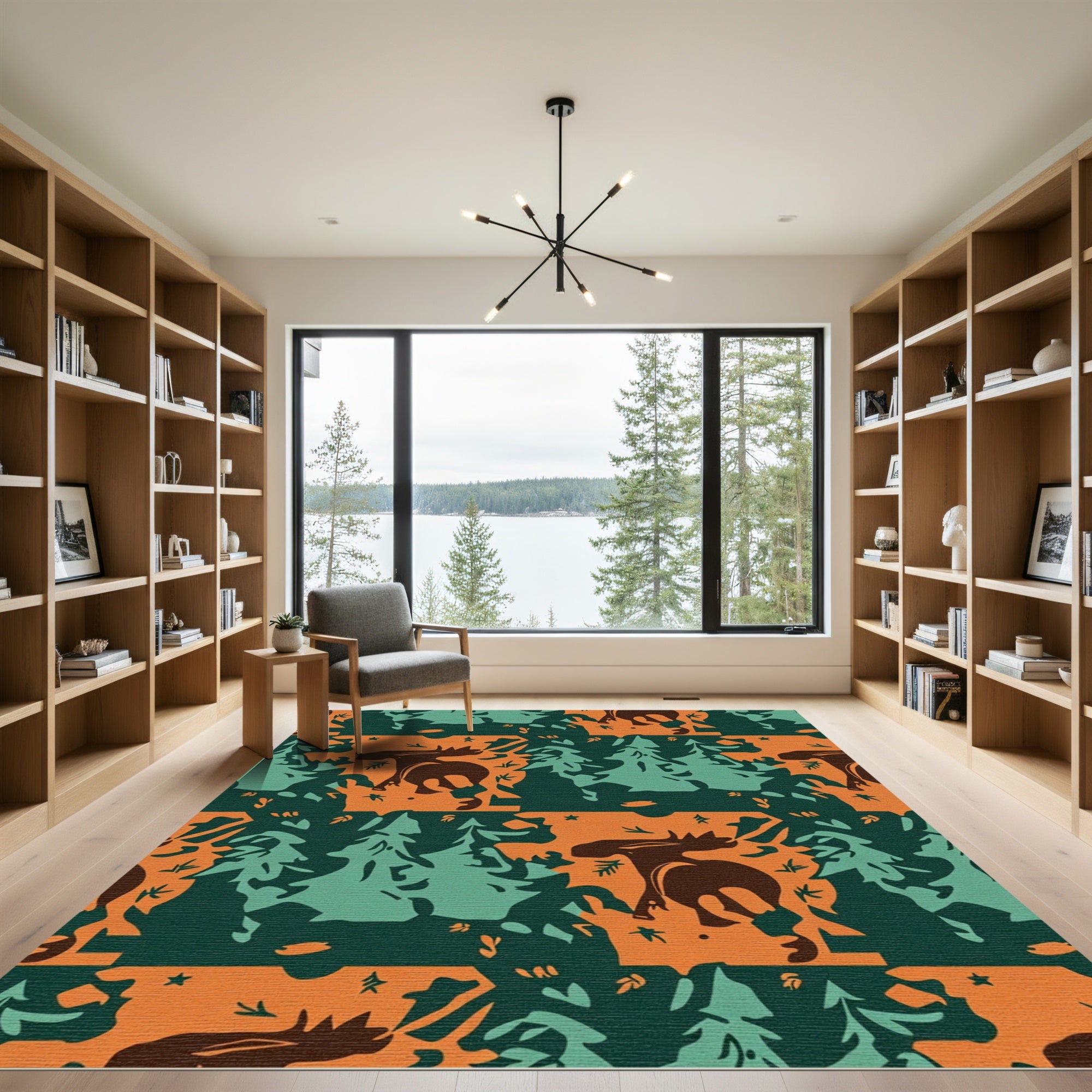Woodland Moose Forest Trees Orange Rug