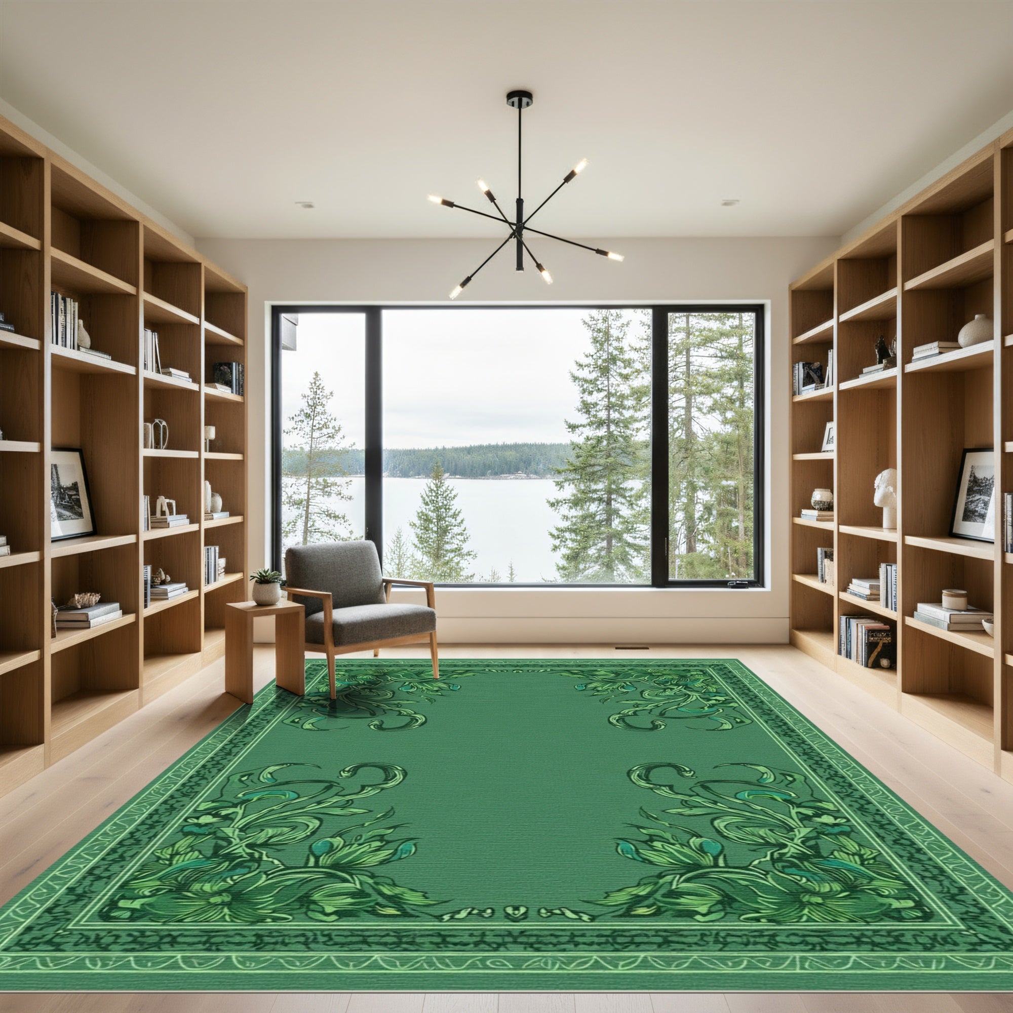 Emerald Green Floral Scroll Border Rug