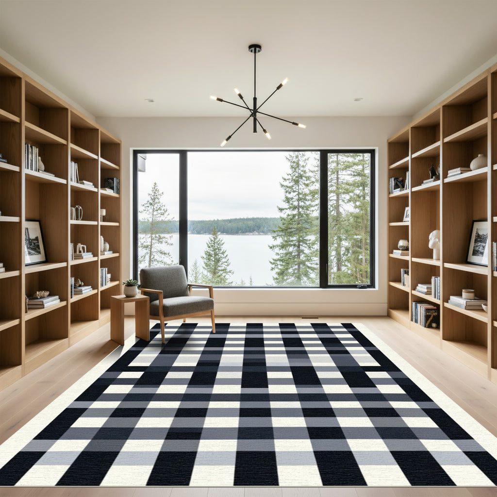 Tartan Black White Grid Layout Rug
