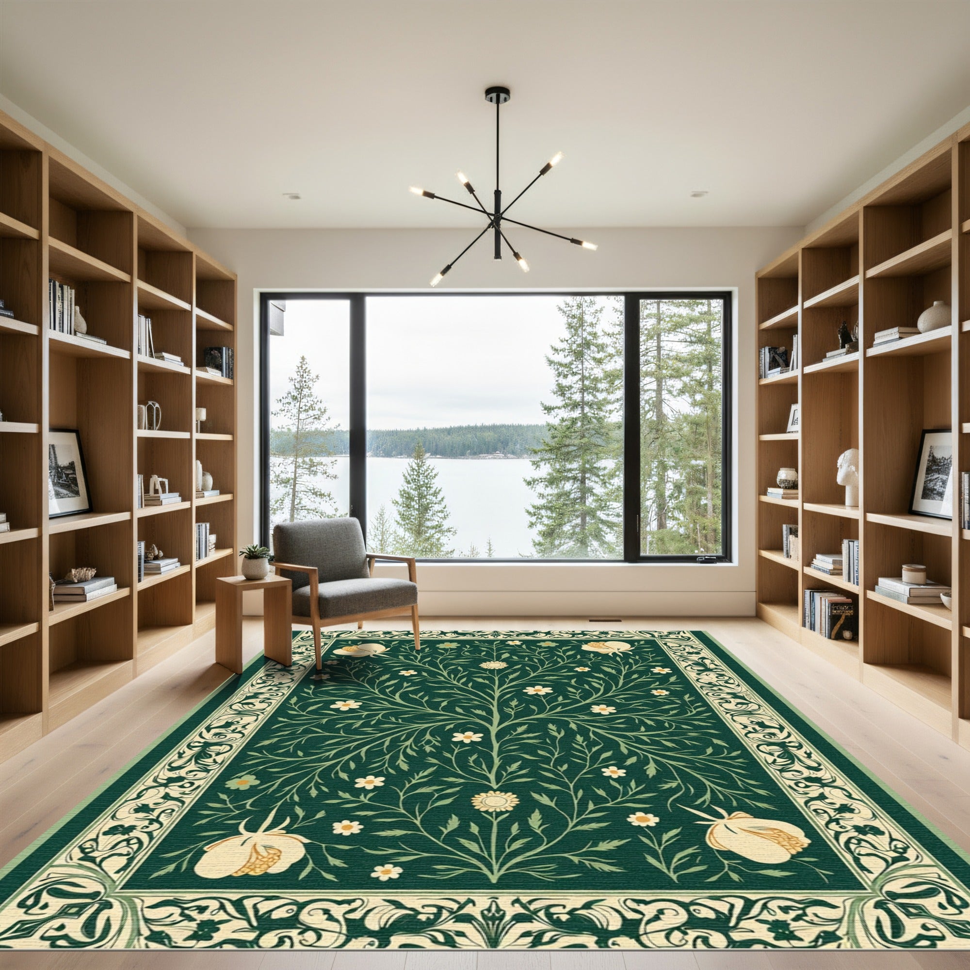 Green Floral Tree Border Rug