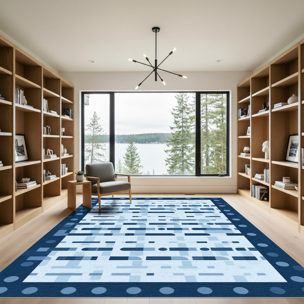 Deep Blue Abstract Pixelated Stripe Rug