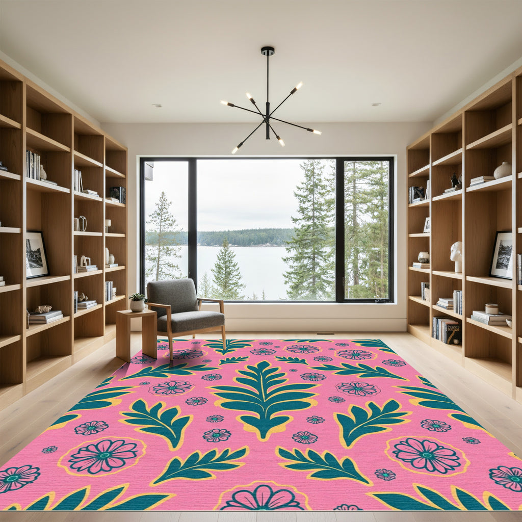 Pink Teal Floral Leaf Arrangement Rug