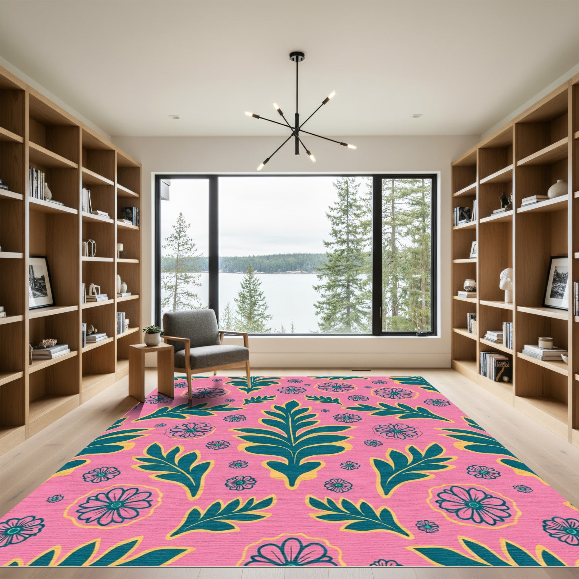 Pink Teal Floral Leaf Arrangement Rug