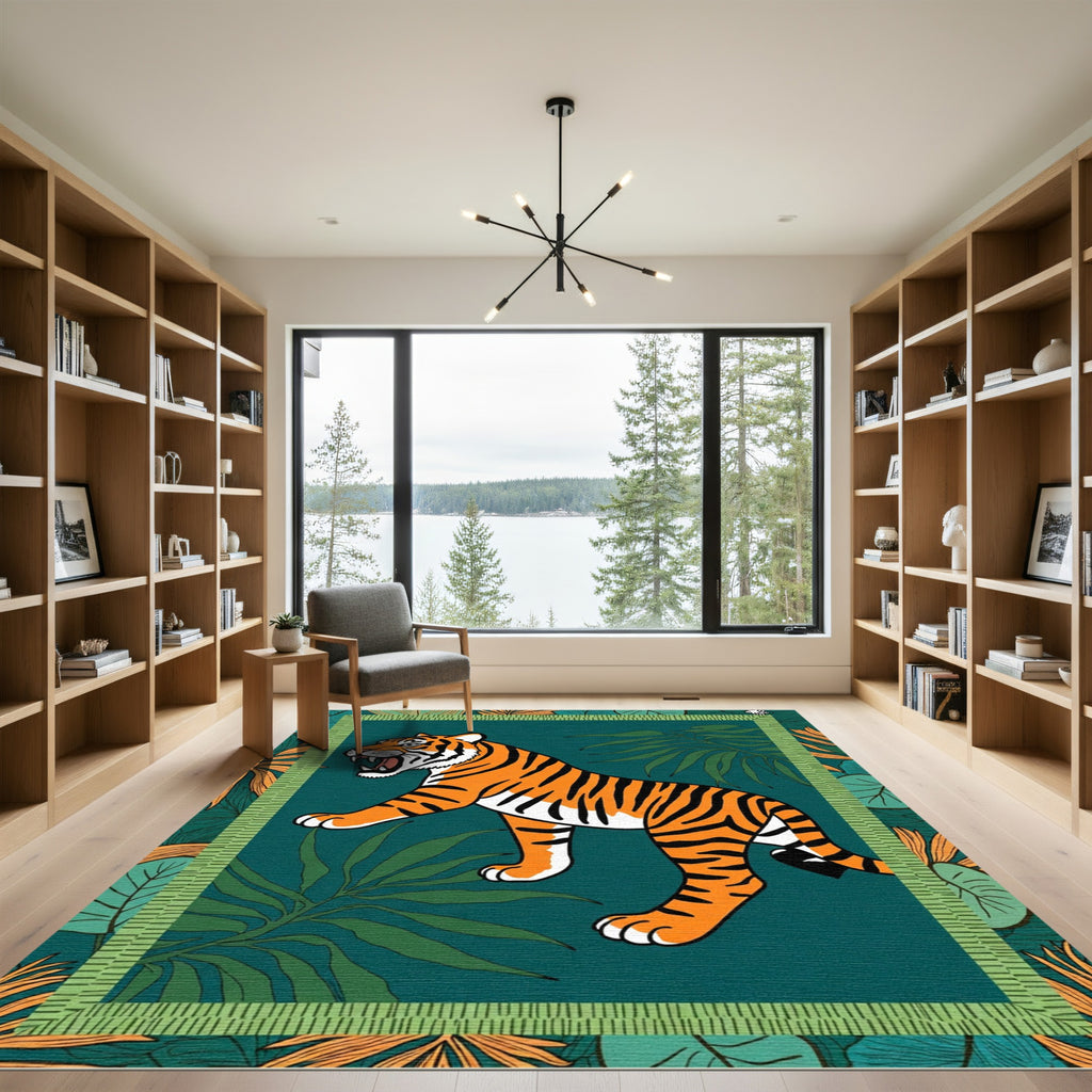 Bold Tiger Jungle Leaf Border Rug