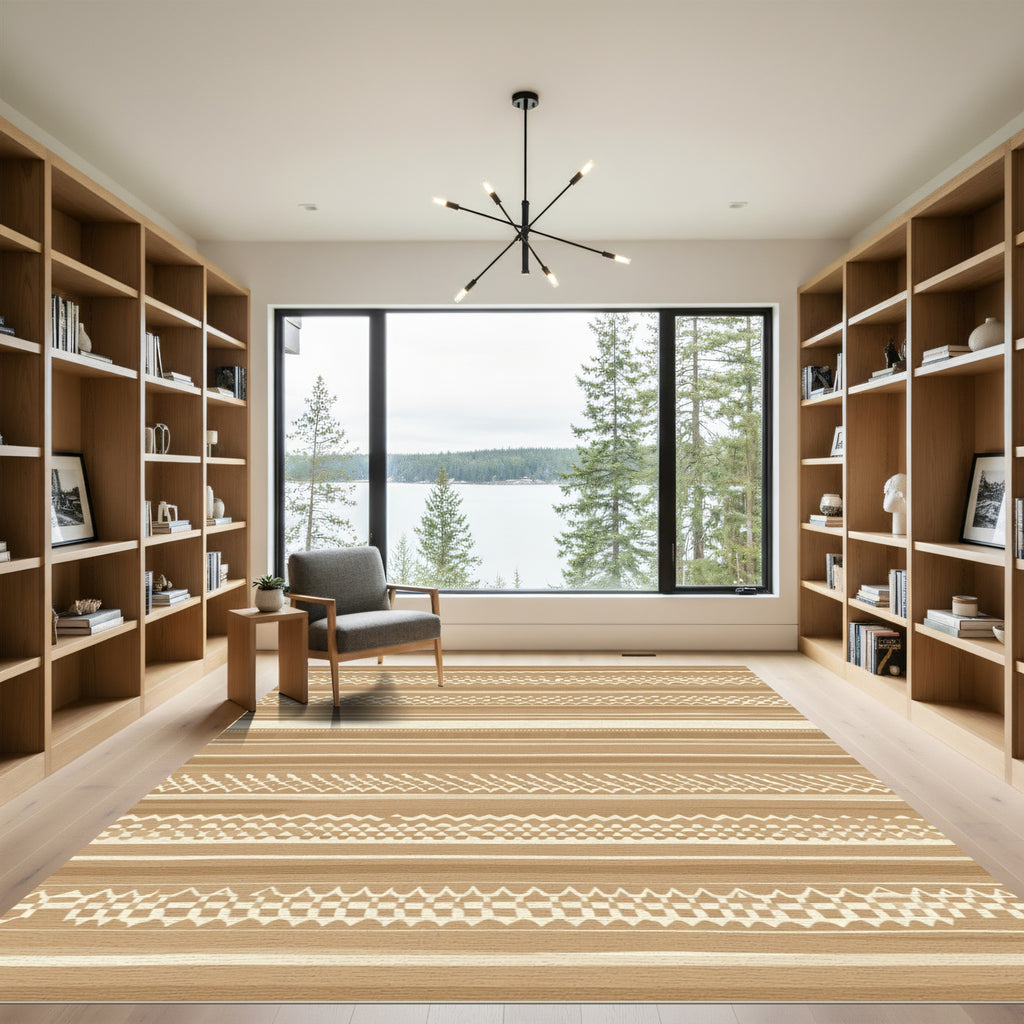 Tan Striped Geometric Tribal Rug
