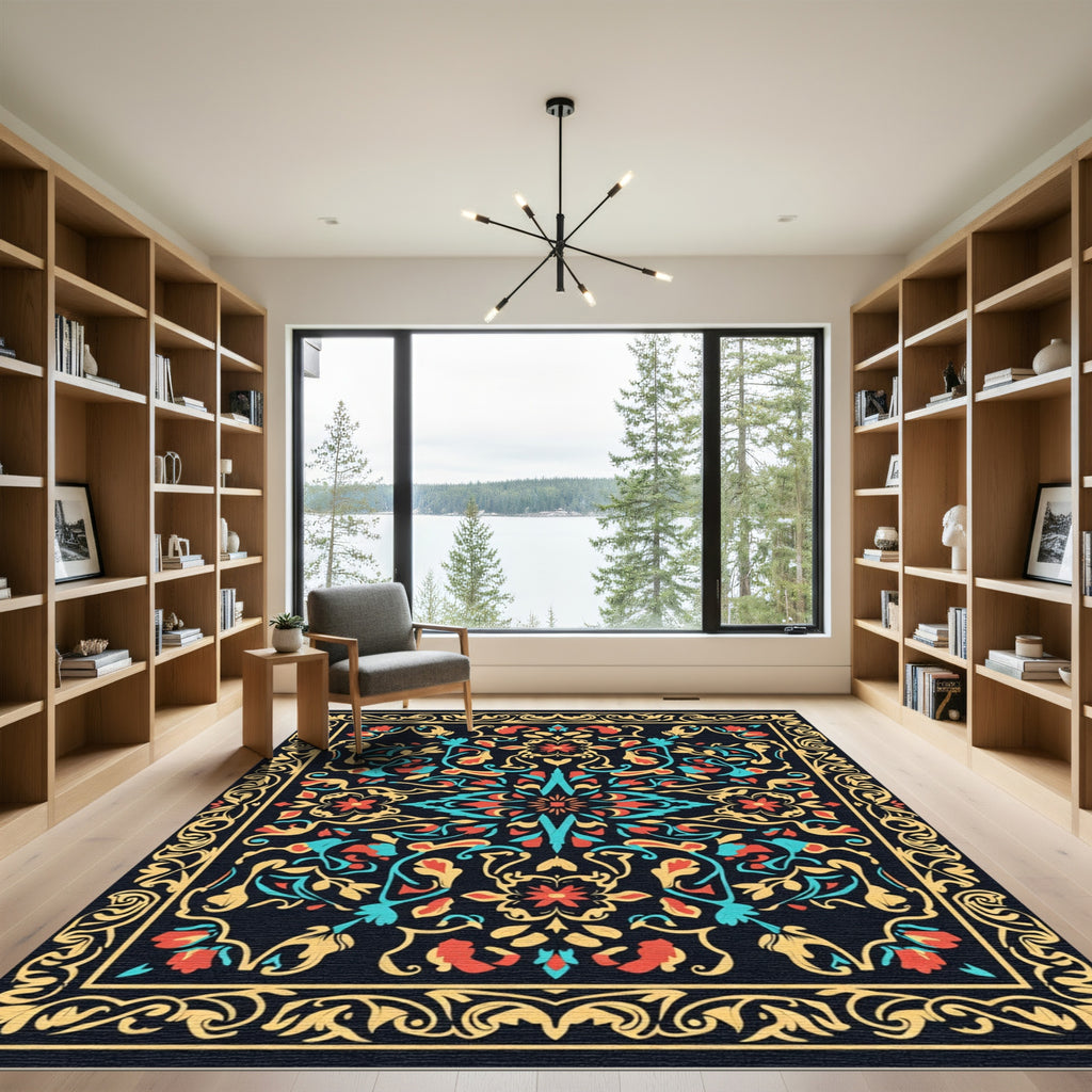 Golden Filigree Teal Coral Floral Scroll Rug