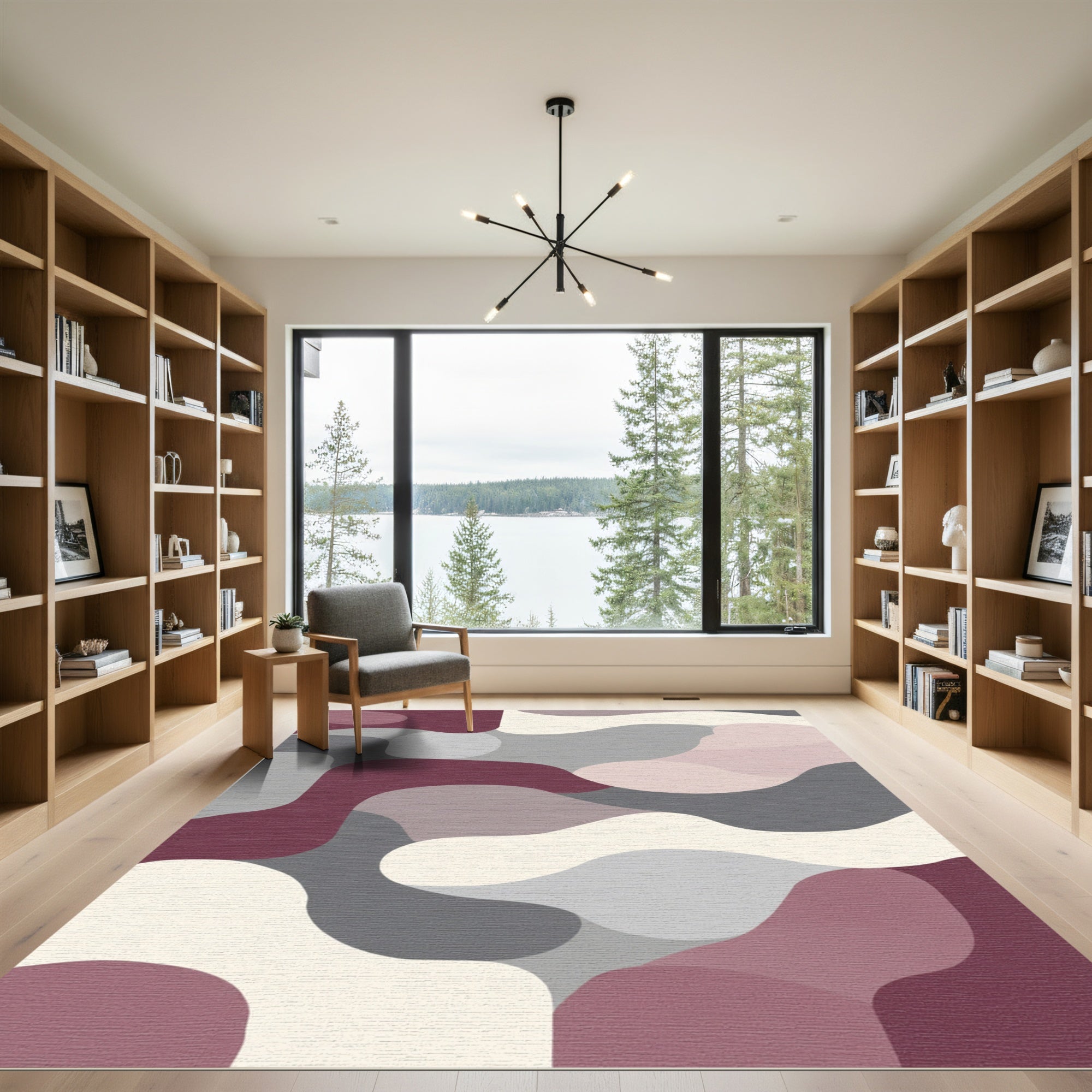 Modern Abstract Burgundy Gray Organic Forms Rug