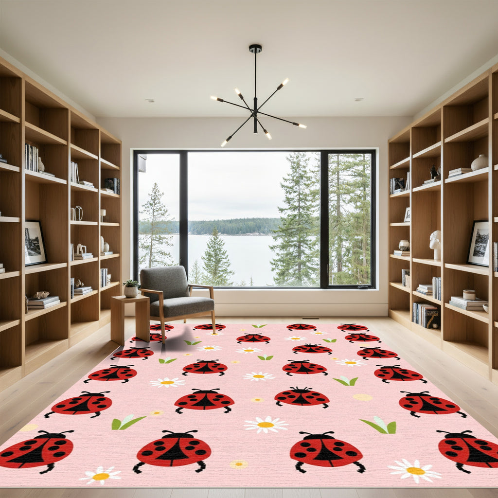 Red Ladybug Daisy Garden Pattern Rug
