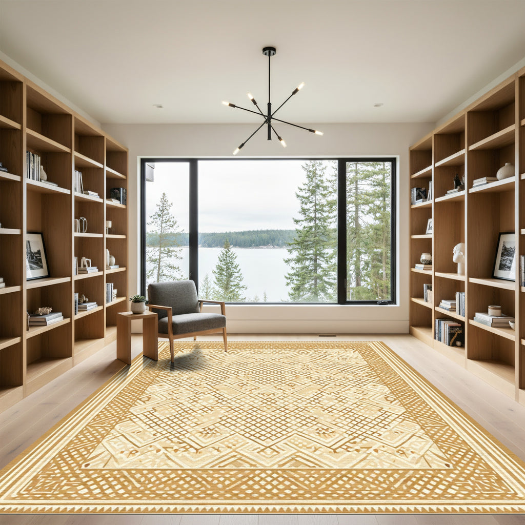 Golden Woven Lattice Geometric Rug