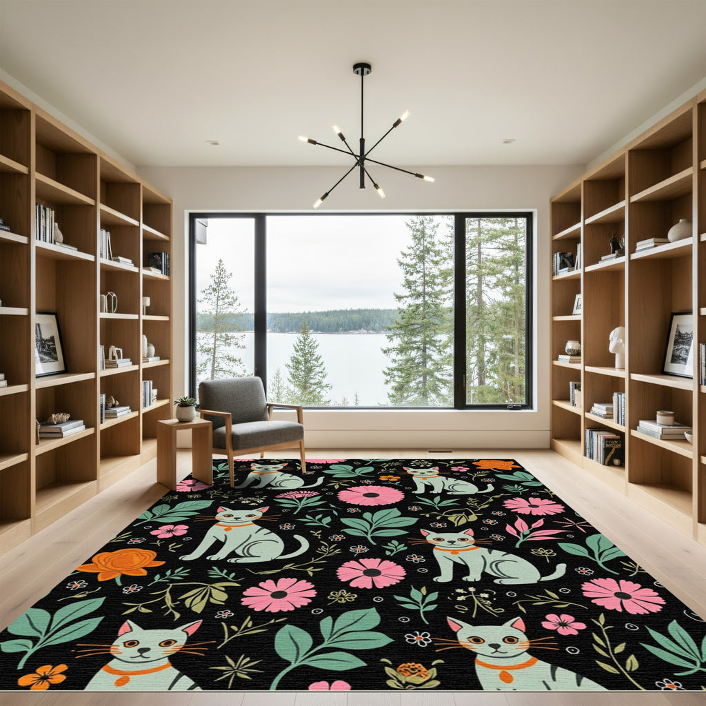 Whimsical Gray Cats Floral Garden Rug